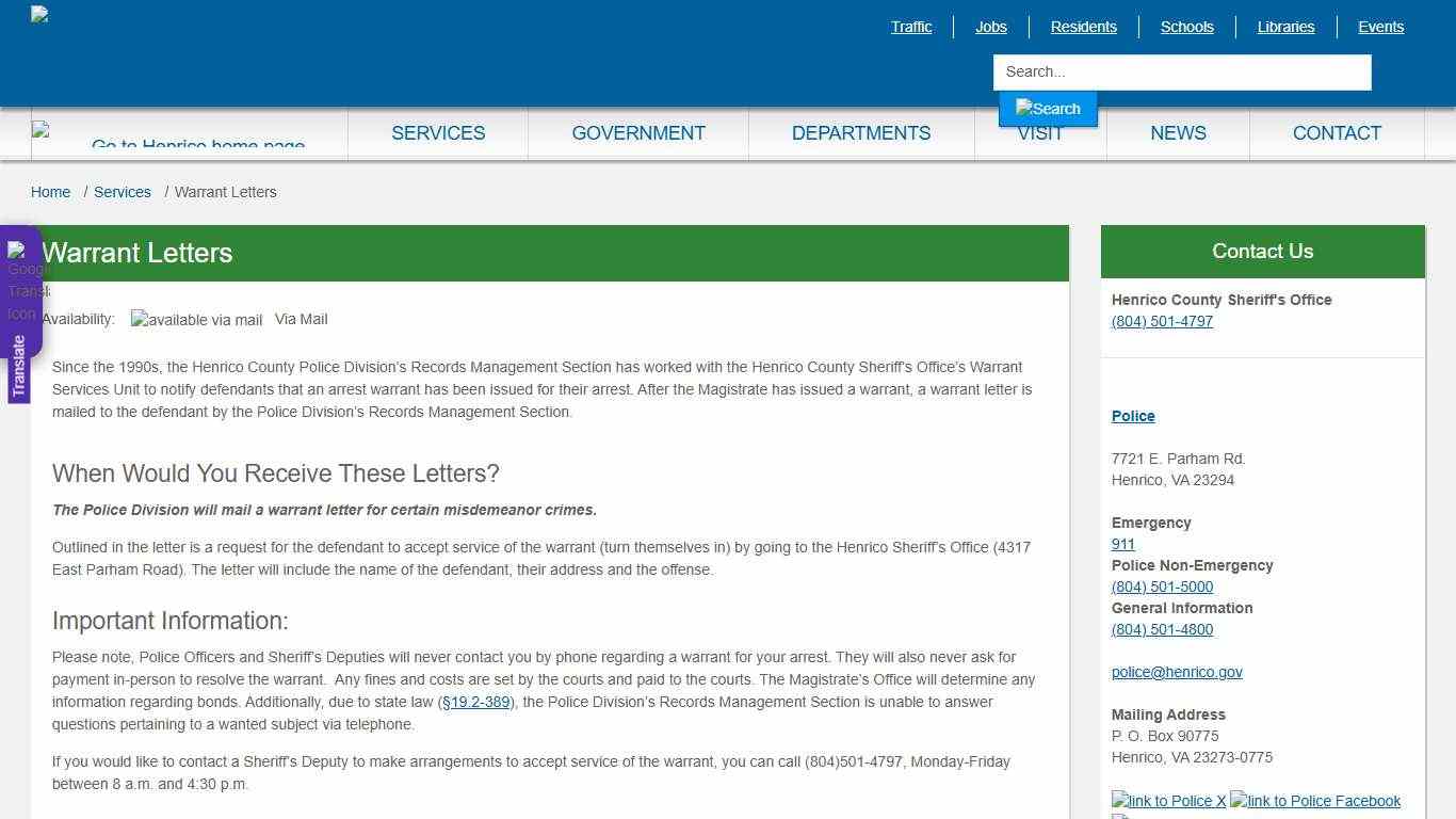 Warrant Letters » Henrico County, Virginia