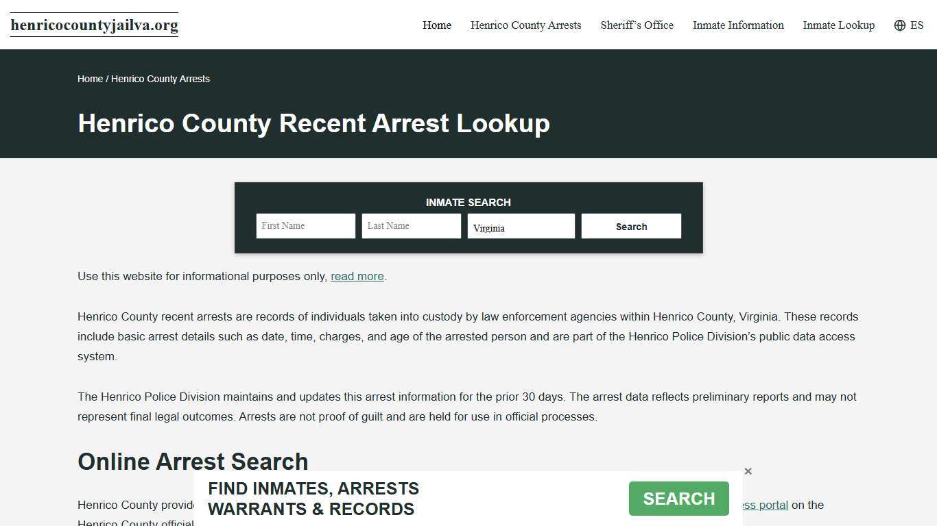Henrico County, VA Arrests, Active Warrant Search